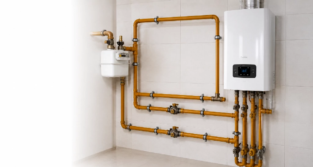 Instalación profesional de gas con medidor, cañerías y caldera